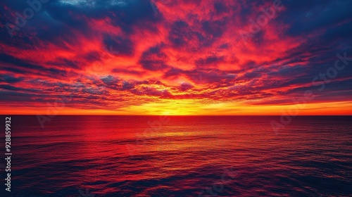 A vibrant sunset over the ocean, showcasing dramatic colors and serene water reflections.