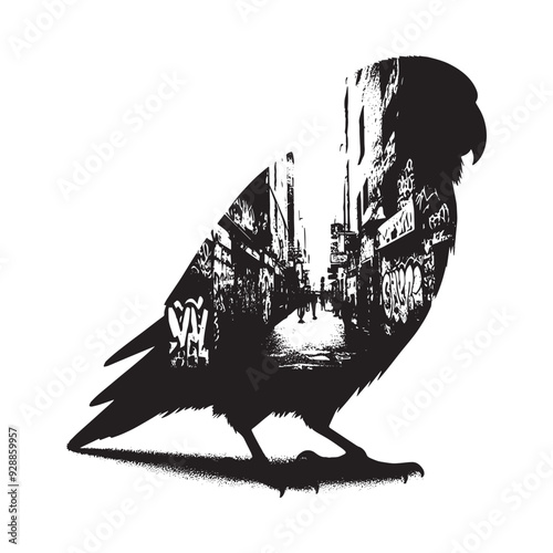 silhouette of Lovebird filled with graffiti street wall in rough drawing