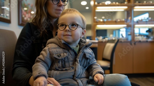 Child tries on his first glasses in an optical store accompanied by his mother photo