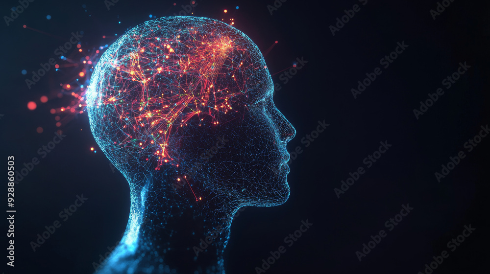 A side view of a humanoid head showcasing artificial neuronal connections, representing the concept of artificial intelligence. The 3D illustration highlights a neural network within the head. A side view of a humanoid head showcasing artificial neuronal connections, representing the concept of artificial intelligence. The 3D illustration highlights a neural network within the head.