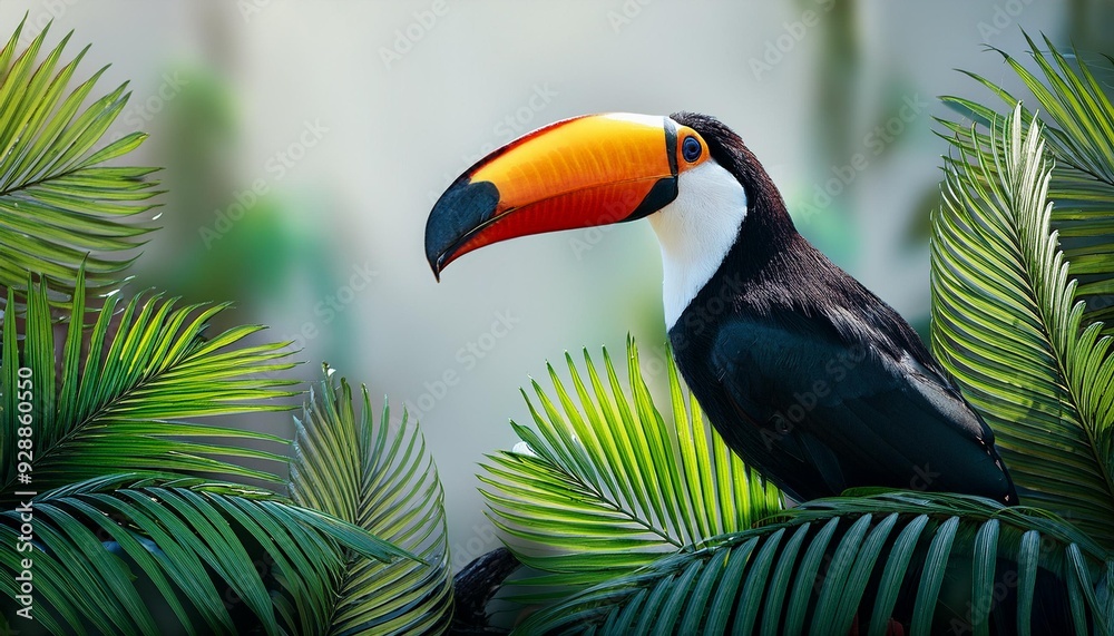 Fototapeta premium Tropical Toucan Bird in Jungle Leaves