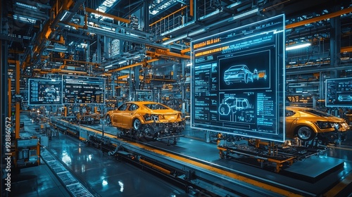 A vibrant automotive assembly line features vehicles under construction with digital displays outlining technical specifications in a futuristic factory