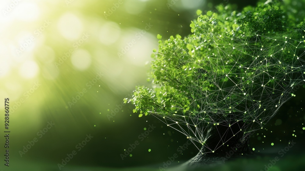 Digital Network Tree with Green Leaves in Sunlit Forest - Concept of Technology and Nature Integration Digital Network Tree with Green Leaves in Sunlit Forest - Concept of Technology and Nature Integration