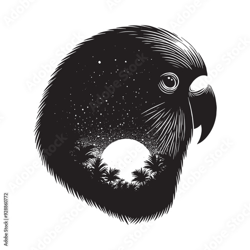 silhouette of Lovebird filled with nature night view in rough drawing