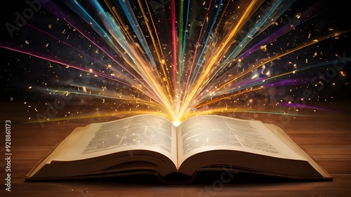 an open book is at the center, with glowing pages that seem to come alive