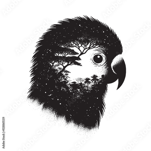 silhouette of Lovebird filled with nature view in rough drawing