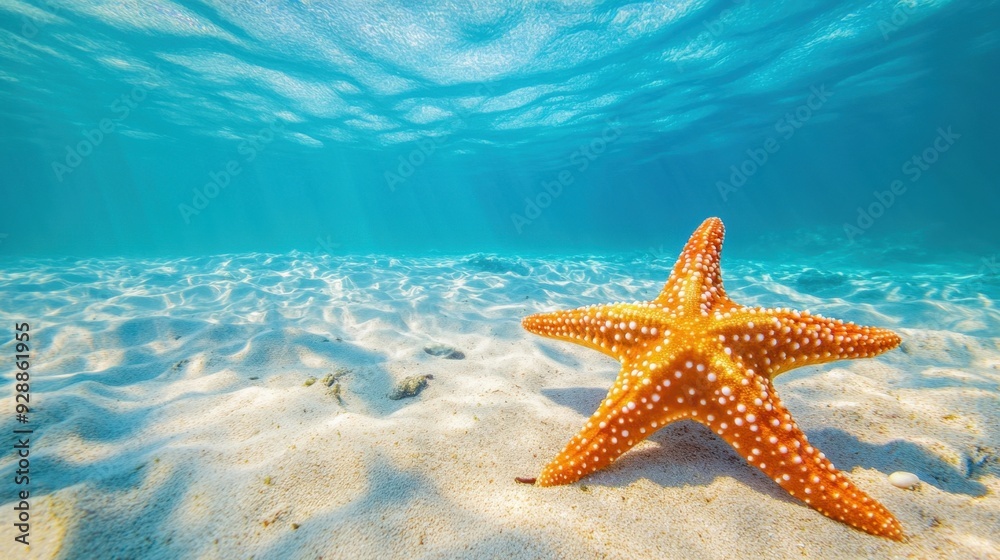 Scenic underwater view of a starfish resting on the seafloor in crystal clear turquoise water Scenic underwater view of a starfish resting on the seafloor in crystal clear turquoise water