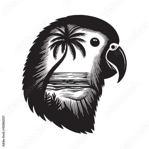 silhouette of Lovebird filled with ocean beach view with palm tree in rough drawing