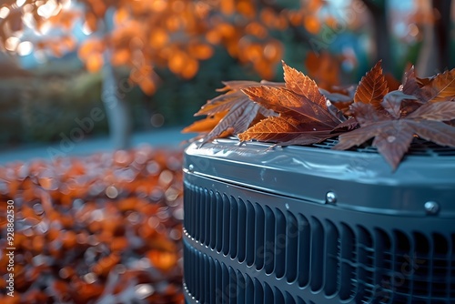Autumn Leaves Resting on an Air Conditioning Unit Amidst a Colorful Fall Landscape