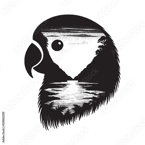 silhouette of Lovebird filled with river view in rough drawing
