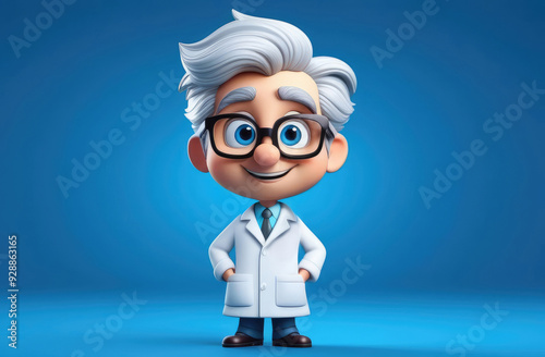 medical personal from hospital. illustrated cute old smiling doctor or scientist on blue background