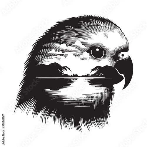 silhouette of Lovebird filled with river view in rough drawing