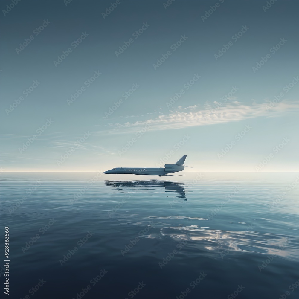 High Speed Jet Soaring Low Over Calm Ocean Surface With Sleek Reflection High Speed Jet Soaring Low Over Calm Ocean Surface With Sleek Reflection