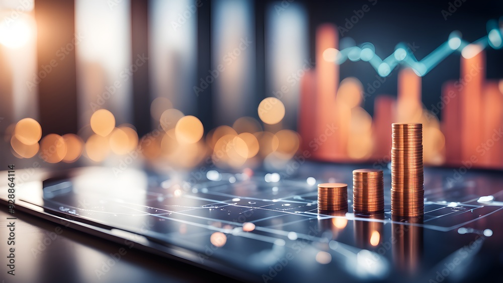 A stack of coins is on a tablet with a graph in the background A stack of coins is on a tablet with a graph in the background