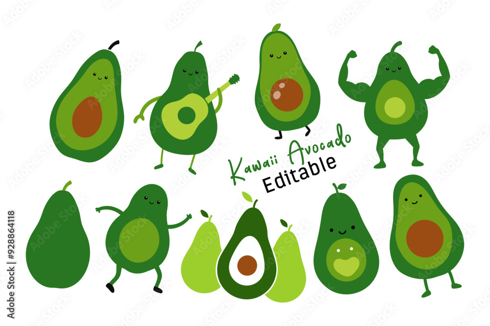 Kawaii avocado clipart illustration set