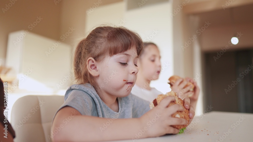 children eat burgers. fast food burger. a group of small children in the kitchen greedily fun eat fast food burgers. big family small kids having breakfast in the morning in the kitchen eating burger children eat burgers. fast food burger. a group of small children in the kitchen greedily fun eat fast food burgers. big family small kids having breakfast in the morning in the kitchen eating burger