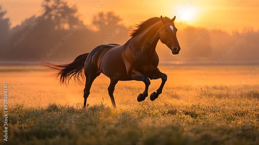 A majestic horse galloping freely in an open field at sunrise A majestic horse galloping freely in an open field at sunrise