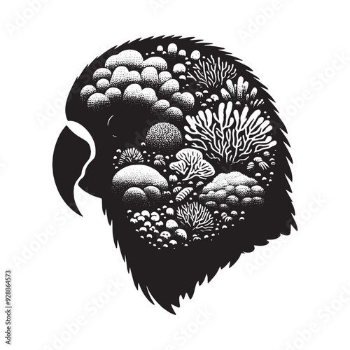 silhouette of Lovebird filled with underwater view with coral in rough drawing