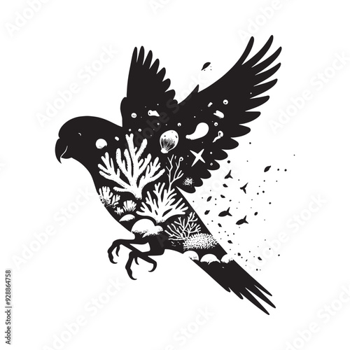 silhouette of Lovebird filled with underwater view with coral in rough drawing