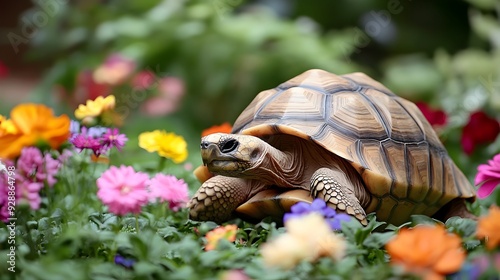 Tortoise Slowly Exploring Colorful Flower Garden Landscape