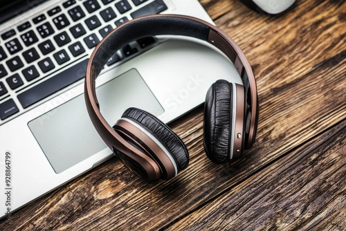 A white headphones and laptop on a grey wooden background are modern and stylish