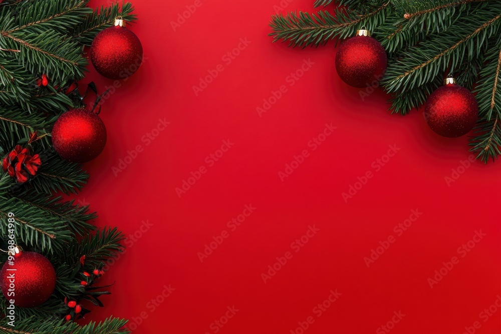 Christmas background with red color and green tree branches, festive decoration with balls on flat lay red paper.