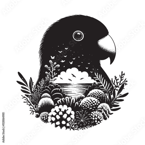 silhouette of Lovebird filled with underwater view with coral in rough drawing