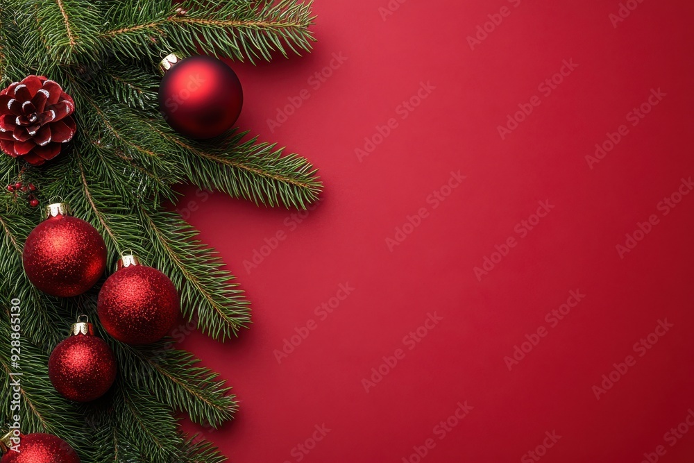 Christmas background with red color and green tree branches, festive decoration with balls on flat lay red paper. Christmas background with red color and green tree branches, festive decoration with balls on flat lay red paper.