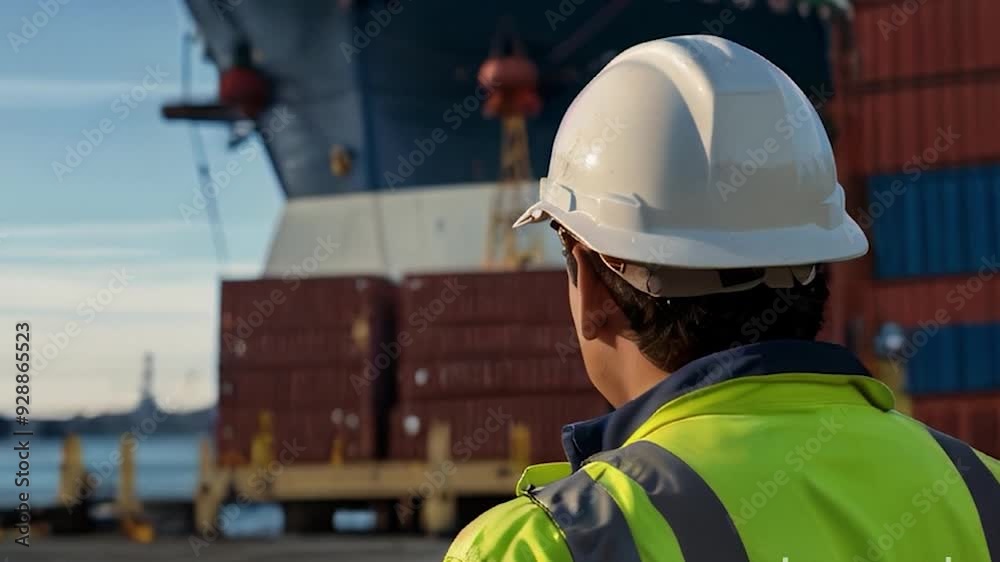 Dockworker in Hard Hat and Safety Vest at Shipping Container Terminal Dockworker in Hard Hat and Safety Vest at Shipping Container Terminal