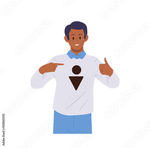 Trendy fashion young man cartoon character gesturing thumbsup pointing at masculine gender sign
