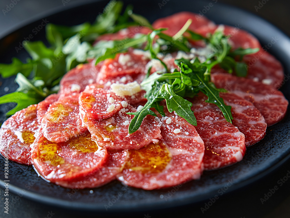 a plate of sliced meat with a sauce and herbs, possibly beef carpaccio, presented on a dark plate. a plate of sliced meat with a sauce and herbs, possibly beef carpaccio, presented on a dark plate.