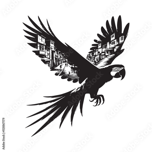 silhouette of Macaw filled with ghetto street in rough drawing