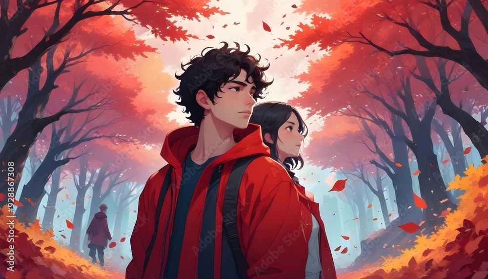 Anime-Style Man and Woman in Red Hooded Jackets in Surreal Environment Anime-Style Man and Woman in Red Hooded Jackets in Surreal Environment
