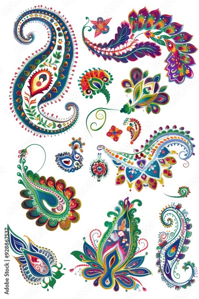 A collection of colorful paisley designs on a white background, suitable for use in design and art projects A collection of colorful paisley designs on a white background, suitable for use in design and art projects
