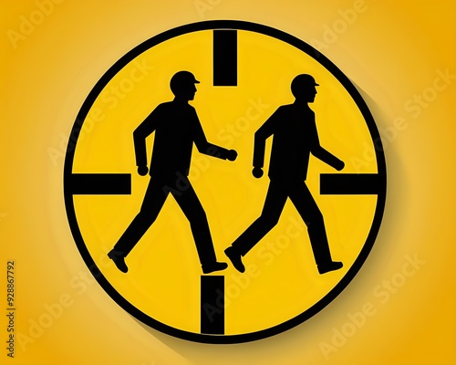 Yellow circle sign with black silhouettes of two people walking in opposite directions.