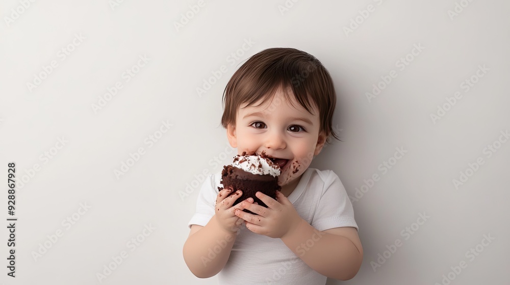 A joyful baby boy with brown hair delighting in chocolate cake, covered in sweetness, against a clean white backdrop during a playful studio session A joyful baby boy with brown hair delighting in chocolate cake, covered in sweetness, against a clean white backdrop during a playful studio session