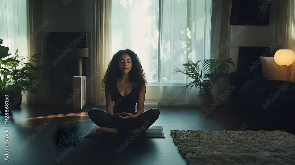 Fototapeta premium kobieta, piękna kobieta, europejka, kręcone włosy, ciemne włosy, szatynka, brunetka, loki, młoda kobieta, joga relaks, odpoczynek, styl życia, dom, salon, ćwiczenia, joga, joginka, medytacja