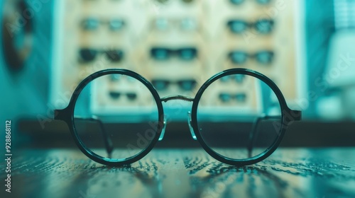 Eyeglasses displayed on shelves in optical showroom, background for optometry business