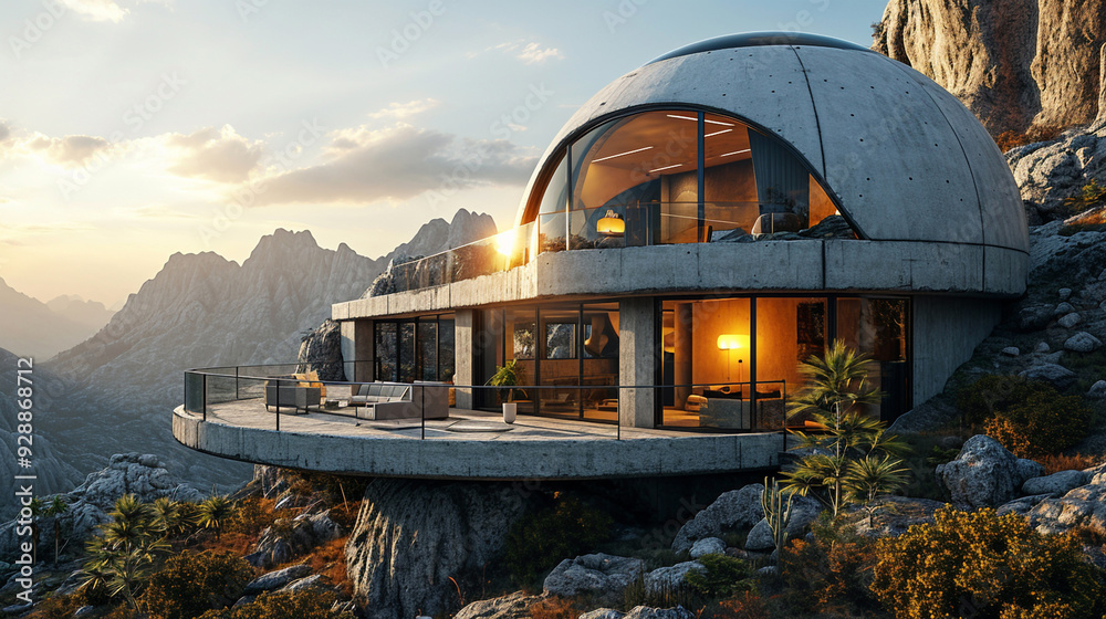 Obraz premium Modern concrete dome house on top of a mountain with large windows and magnificent scenic views of the valley below