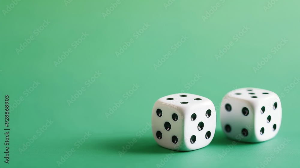 Two white dice with black pips isolated on green background, resting on solid surface with subtle shadow, room for text. Two white dice with black pips isolated on green background, resting on solid surface with subtle shadow, room for text.