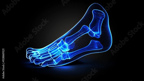 Blue glowing foot bones can be seen through the skin in a medical illustration