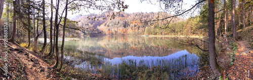 Karagöl, Borçka, Artvin, Turkey - 14 October 2021. Autumn view from Karagöl in Borçka district of Artvin province. Borcka Karagol Nature Park. The forest scene reflected in the still lake.