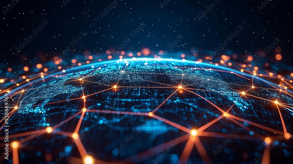 A glowing AI-powered communication network visualized as a web of light across a digital globe, symbolizing global connectivity