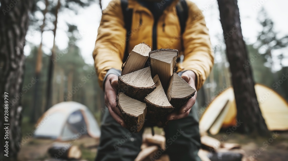 Fototapeta premium Bearded man holding firewood, ax in stump, tent in background. Camping trip concept. Outdoor adventure in forest setting.