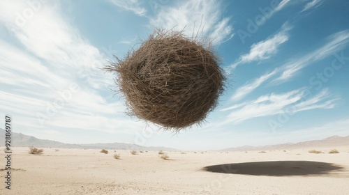 Brown tumbleweed rolling in the desert under the hot sun, creating a mesmerizing scene against a backdrop of clear blue skies and fluffy white clouds.