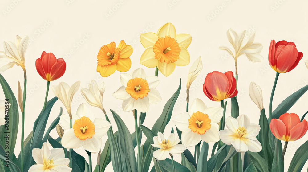 A botanical illustration featuring daffodils and tulips, ideal for conveying elegance and celebration. The artwork showcases the flowers in a refined and artistic manner, perfect for decorative. A botanical illustration featuring daffodils and tulips, ideal for conveying elegance and celebration. The artwork showcases the flowers in a refined and artistic manner, perfect for decorative.