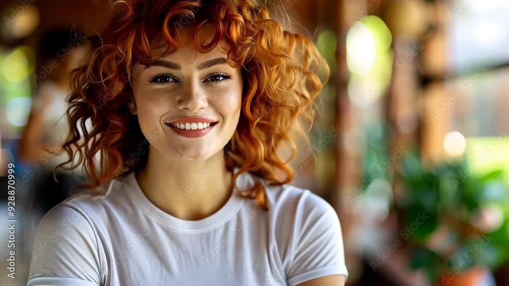 Cheerful redhead woman smiling brightly in casual setting Cheerful redhead woman smiling brightly in casual setting