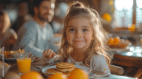 A heartwarming family breakfast, kids in pajamas happily eating pancakes while parents enjoy coffee, the kitchen bright with morning light, the table filled with fresh fruit and warm food.