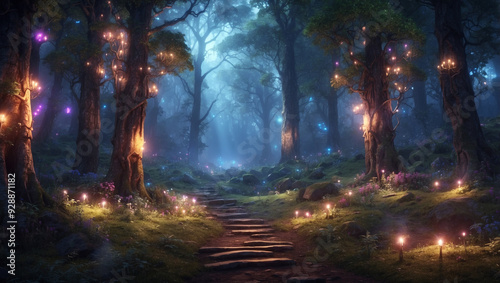 Magical forest with glowing lights