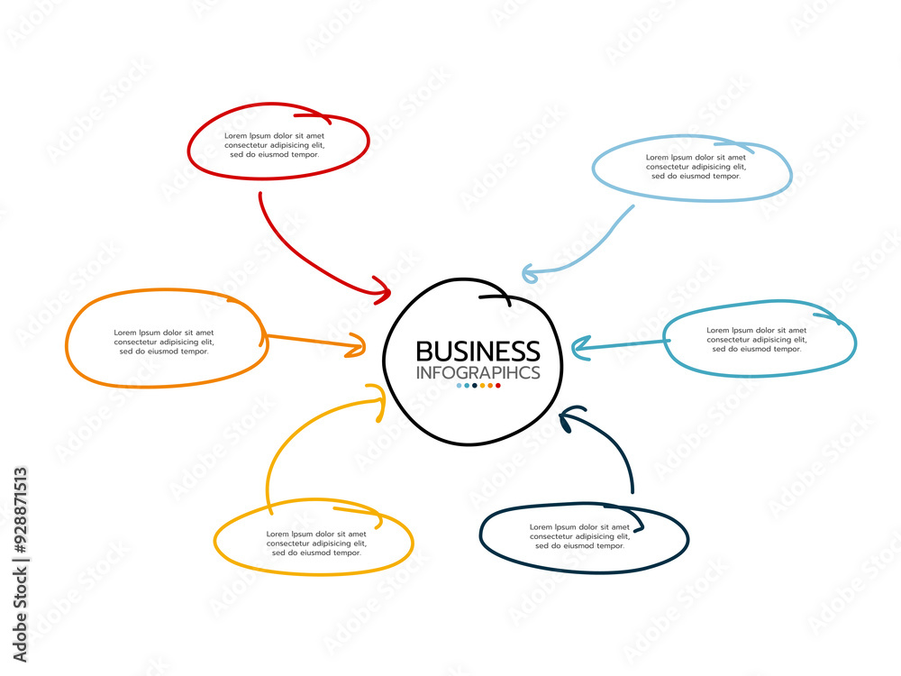 Vector circle infographic. Business diagrams with 5 options for presentations and charts. hand-drawn style.